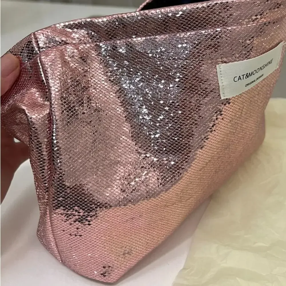 sac de maquillage portable brillant à paillettes, sac cosmétique couleur champagne argenté, sac de rangement pour articles de toilette et soins de la peau, sac de voyage