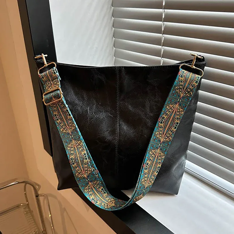 sac à bandoulière en cuir pu pour femmes, vintage, couleur unie, mode, grande capacité, simple, réglable, large sangle, sacs seau
