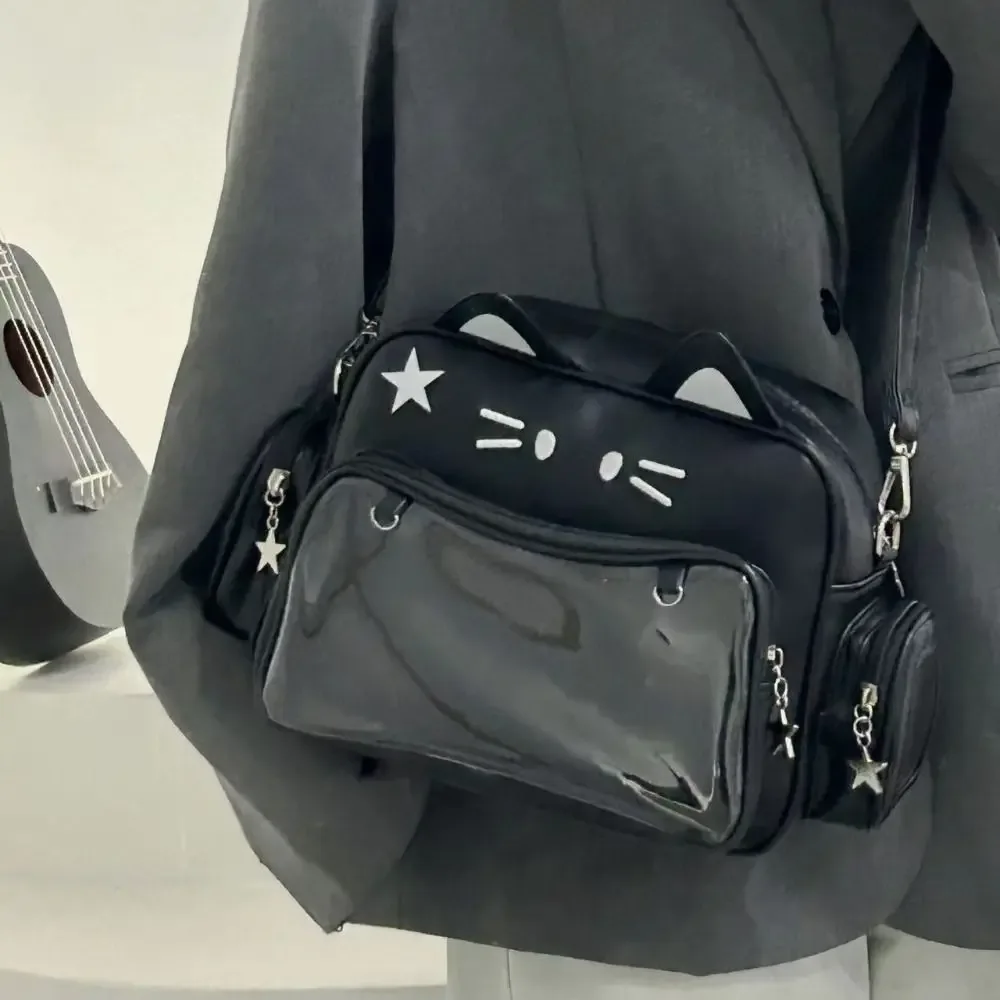 sac à bandoulière y2k adge display pour femme, style preppy jk, sac itabag chat mignon, pochette transparente kawaii, en cuir pu