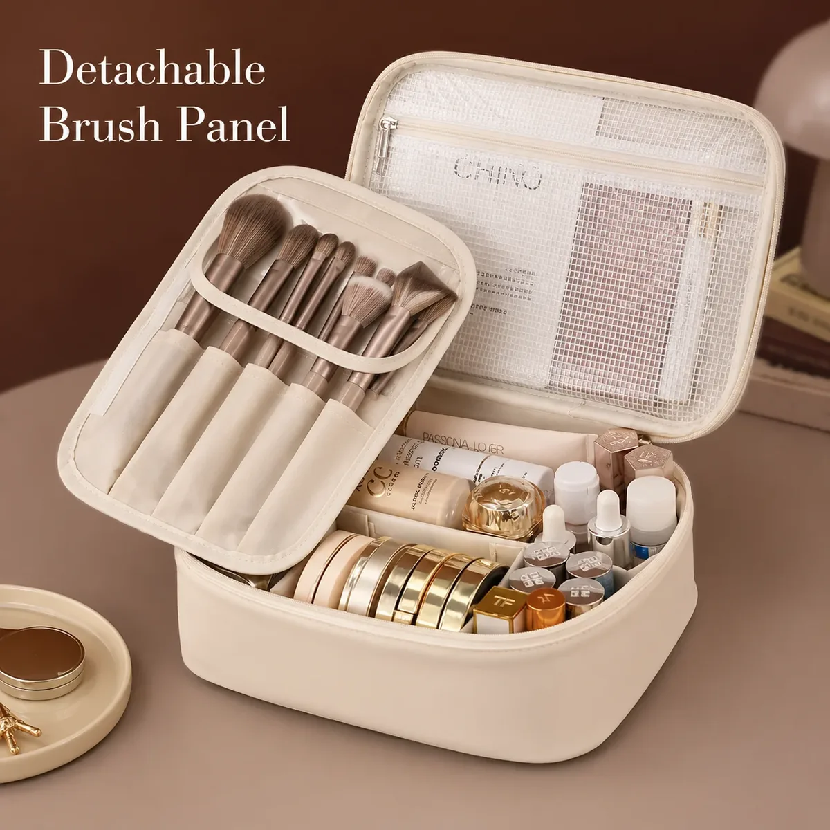 grande trousse de maquillage portable avec panneau à pinceaux amovible, étui de rangement cosmétique de voyage pour femmes