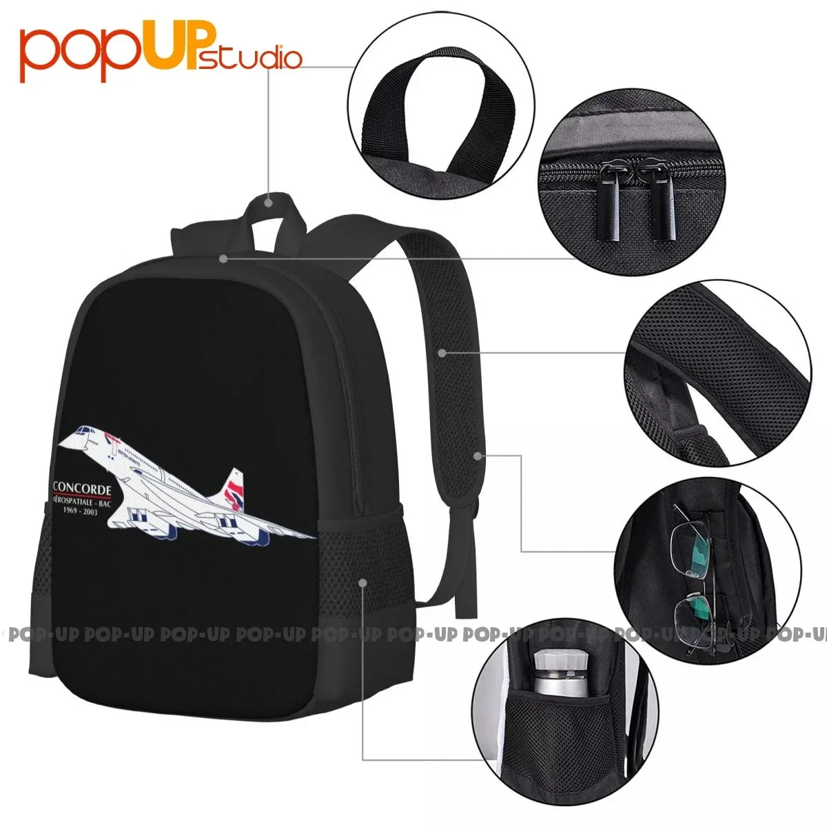 sac dos polyester armure toile 600d noir avion concorde bandes poignées latérales usage voyage universel décontracté