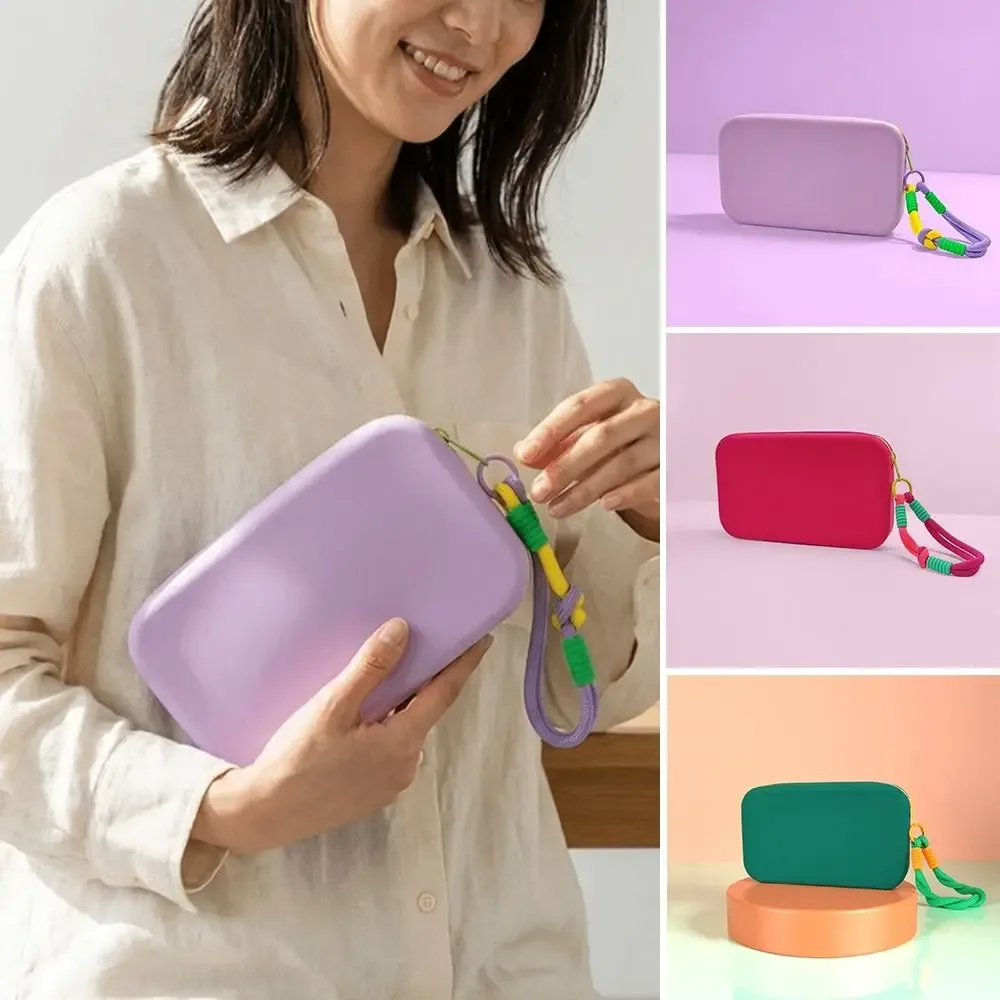 pochette de maquillage en silicone carrée, grande capacité, étanche, avec fermeture éclair, sac de rangement pour écouteurs et clés pour femmes et filles