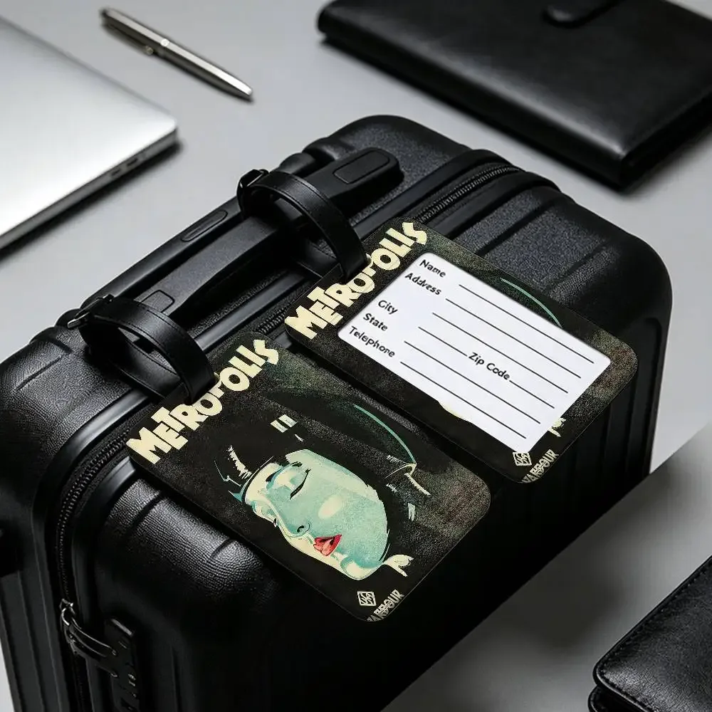étiquette de bagage en pvc légère anti-perte, style rétro années 80, inspirée du film metropolis (allemagne), avec pochette amovible pour carte d'information, pour sac à dos