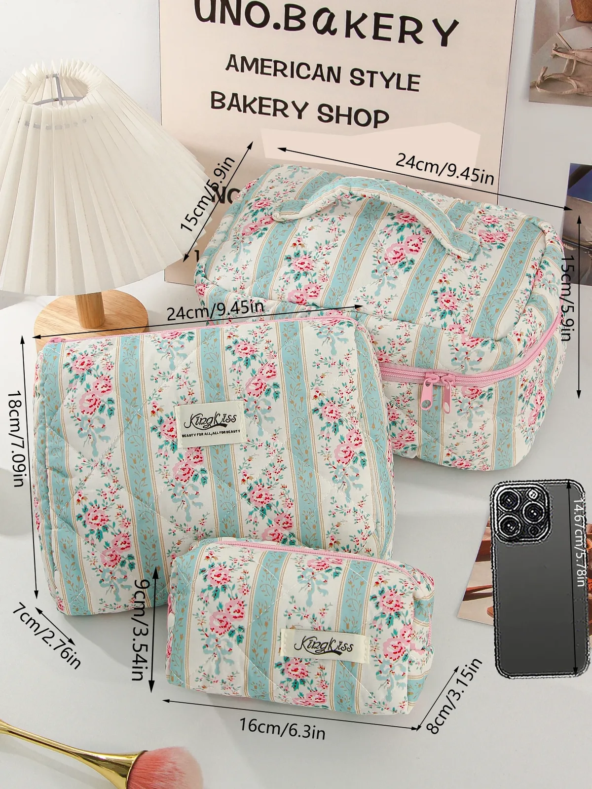 trousse polyester florale motif floral vert bordures bleues poignée fermeture glissière voyage cosmétiques maquillage toile douce rectangulaire