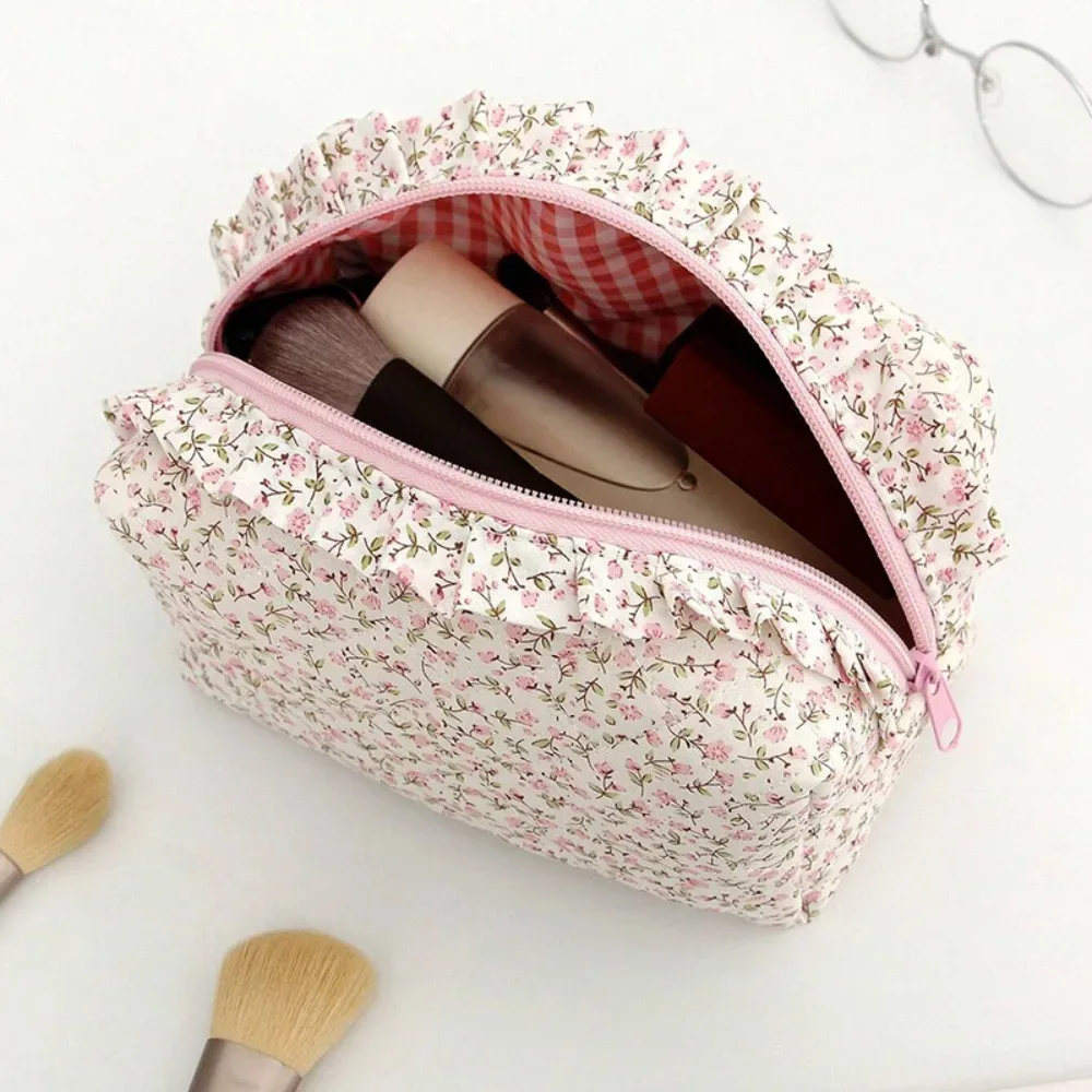 pochette de maquillage matelassée à bords volantés portable, avec nœud, grande capacité, sac de rangement cosmétique, imprimé floral, trousse à crayons