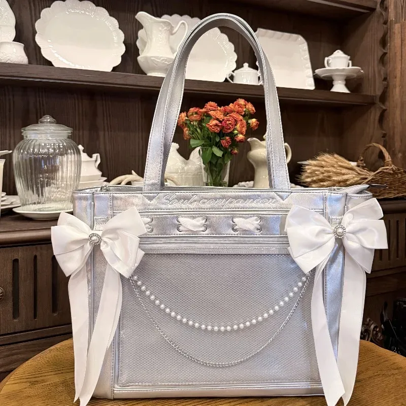 sac messager en cuir pu série sc mine, sac fourre-tout avec nœud en strass, ruban et pendentif perle, grande capacité, itabag bidimensionnel pour femme