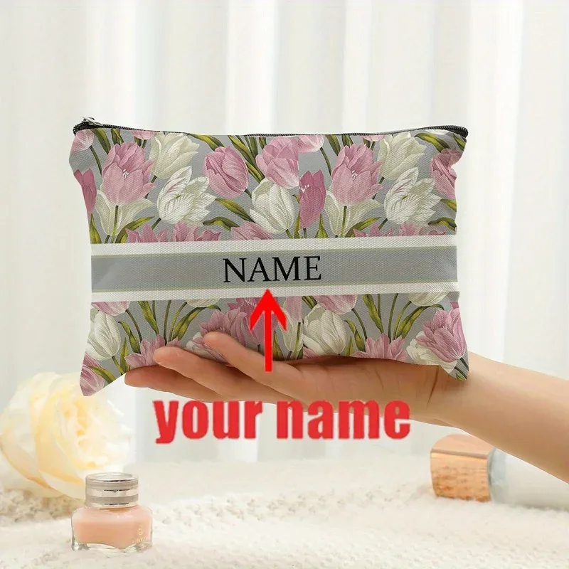 1 pièce trousse de maquillage personnalisée avec nom et motif floral imprimé, sac de rangement de voyage pour articles de toilette, organisateur de cadeaux de fête, pochette cosmétique