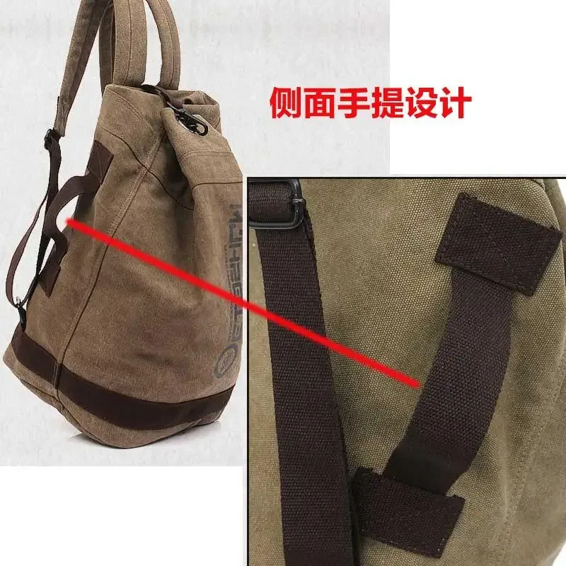 sac dos toile beige bandes marron imprimé lettres noires ouverture large format trapézoïdal capacité litres usage voyage