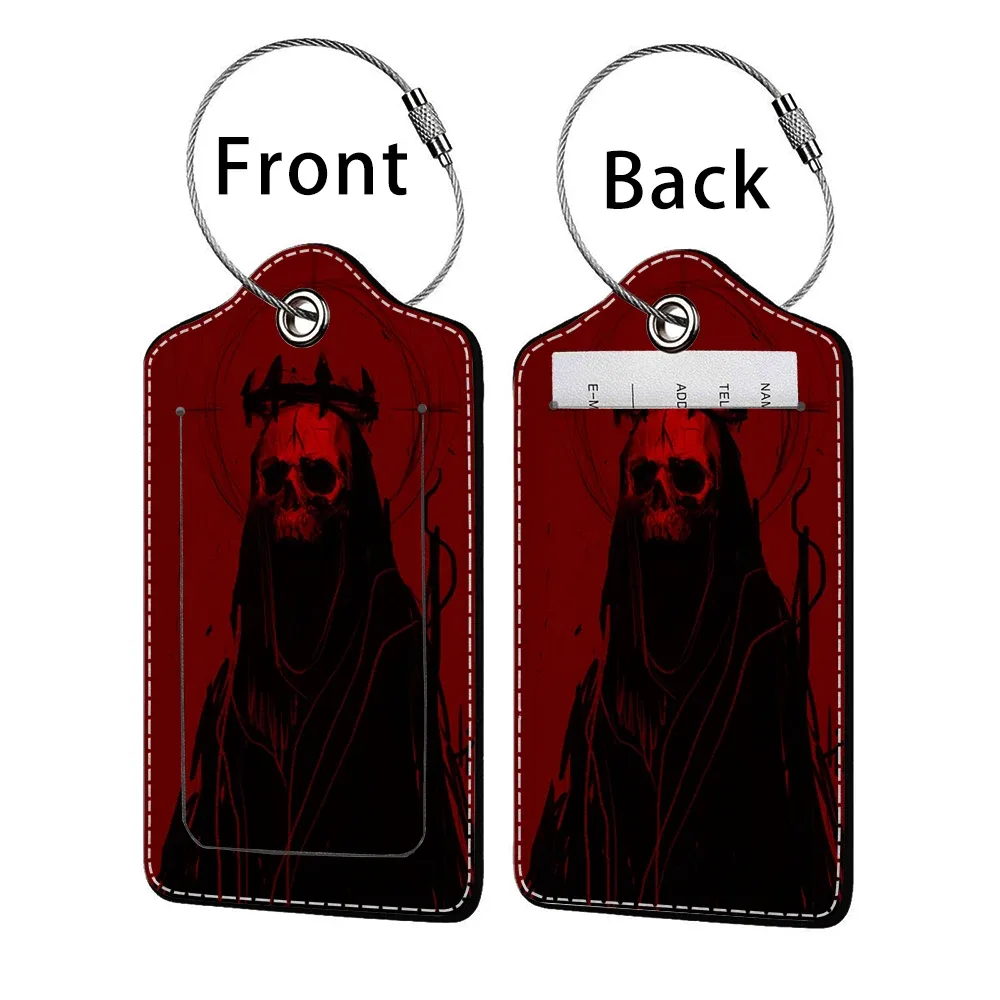 promotion étiquette de bagage en cuir à motif d'horreur, étiquette d'adresse pour valise, étiquette d'embarquement pour bagage, clip pour nom, identifiant et adresse