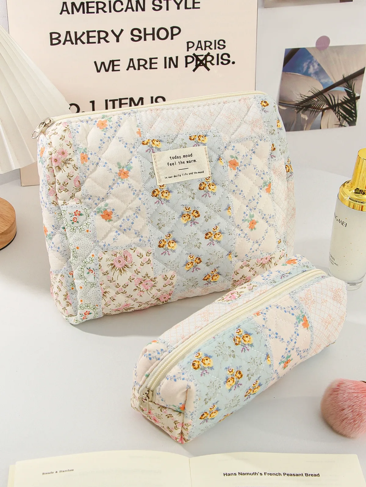 trousse de maquillage matelassée à fleurs assorties, trousse de toilette de voyage de grande capacité, trousse de maquillage portable à la mode, 1 pièce/ensemble