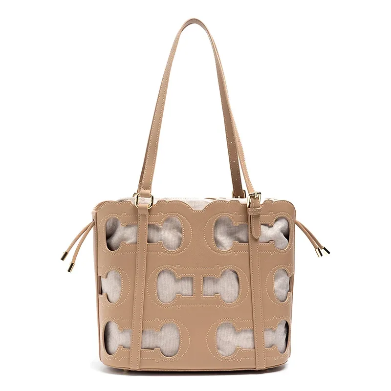 sac fourre-tout ajouré 2-en-1 ch pour femme, sac à bandoulière de luxe de créateur, sac seau rouge bordeaux pour le travail