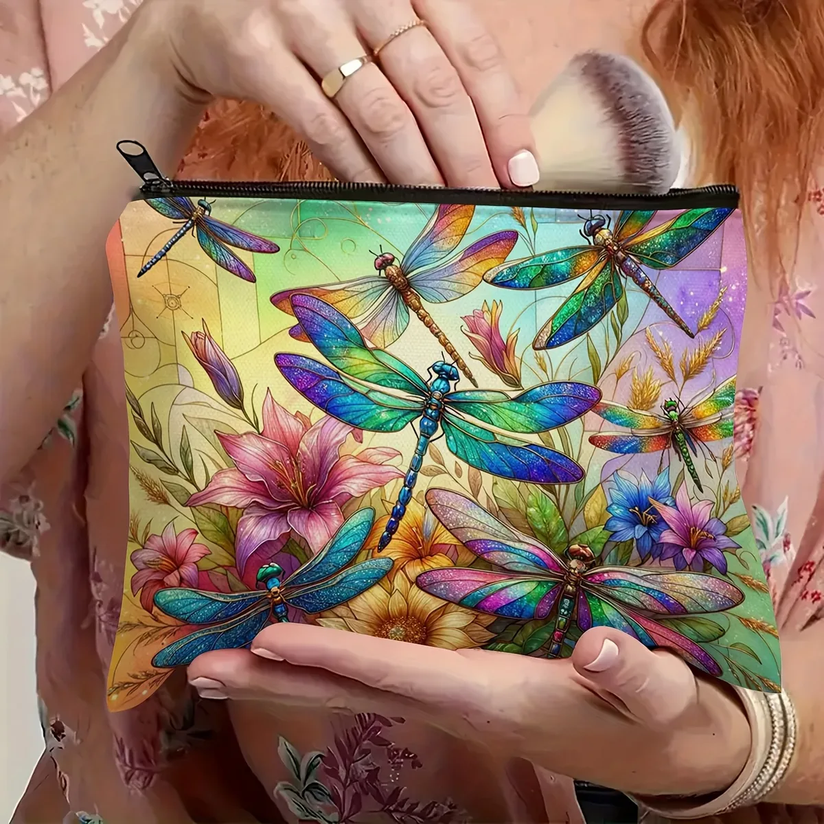 trousse de maquillage libellule colorée | pochette cosmétique hypoallergénique avec motif floral et insectes, organisateur adapté aux voyages