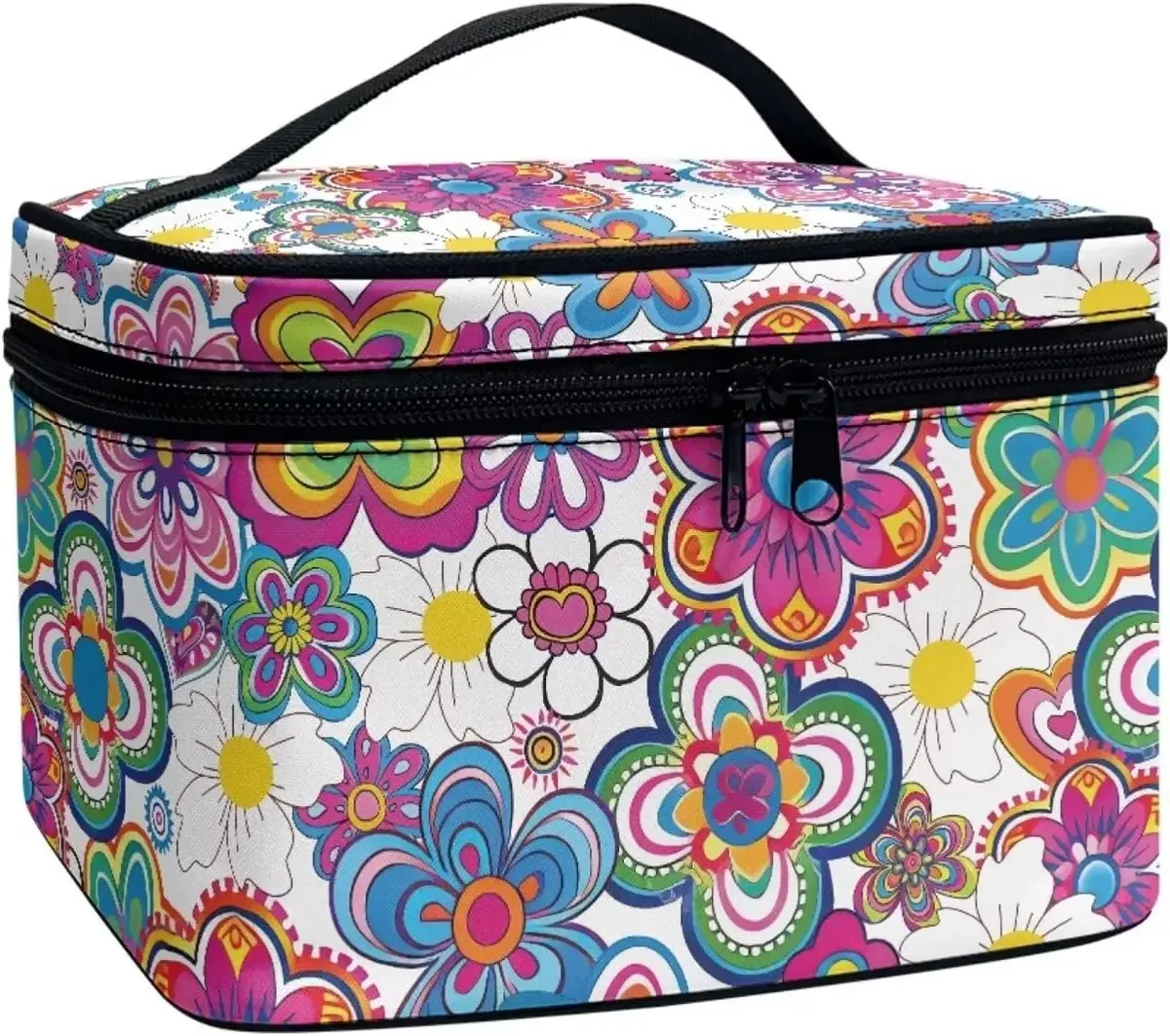 trousse polyester motif floral champignons poignée noire bleu jaune rouge vert voyage maquillage cosmétiques