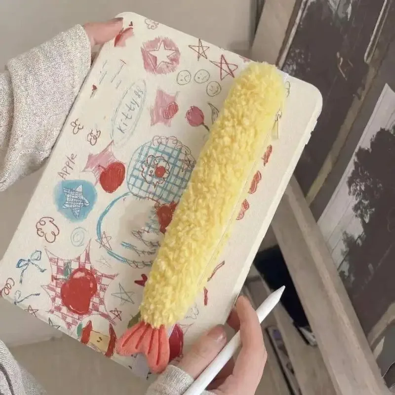 1 pièce, trousse à stylos super mignonne en forme de queue de crevette frite, organisateur de papeterie portable monocouche avec doublure en polaire de style ins, pour étudiants.