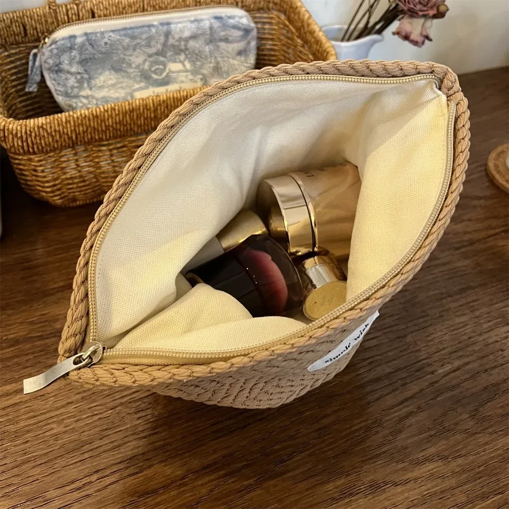 sac de maquillage portable de grande capacité, couleur unie, en tissu tissé, sac cosmétique beige, pochette couleur café, pour l'extérieur