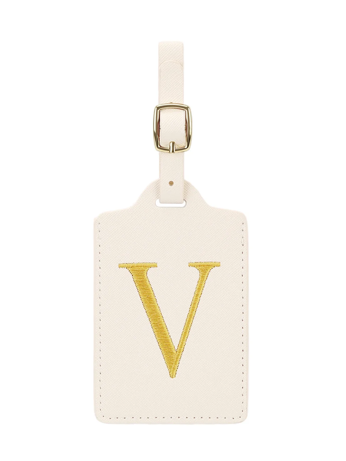 étiquette bagage polyester lettre dorée cuir blanc rectangulaire identification voyage unisexe alphabet fixation anneau métallique
