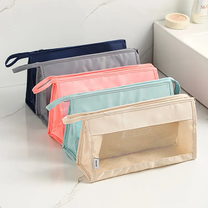 sac de voyage léger et respirant en maille pour femme, trousse de toilette portable transparente pour maquillage et soins de la peau