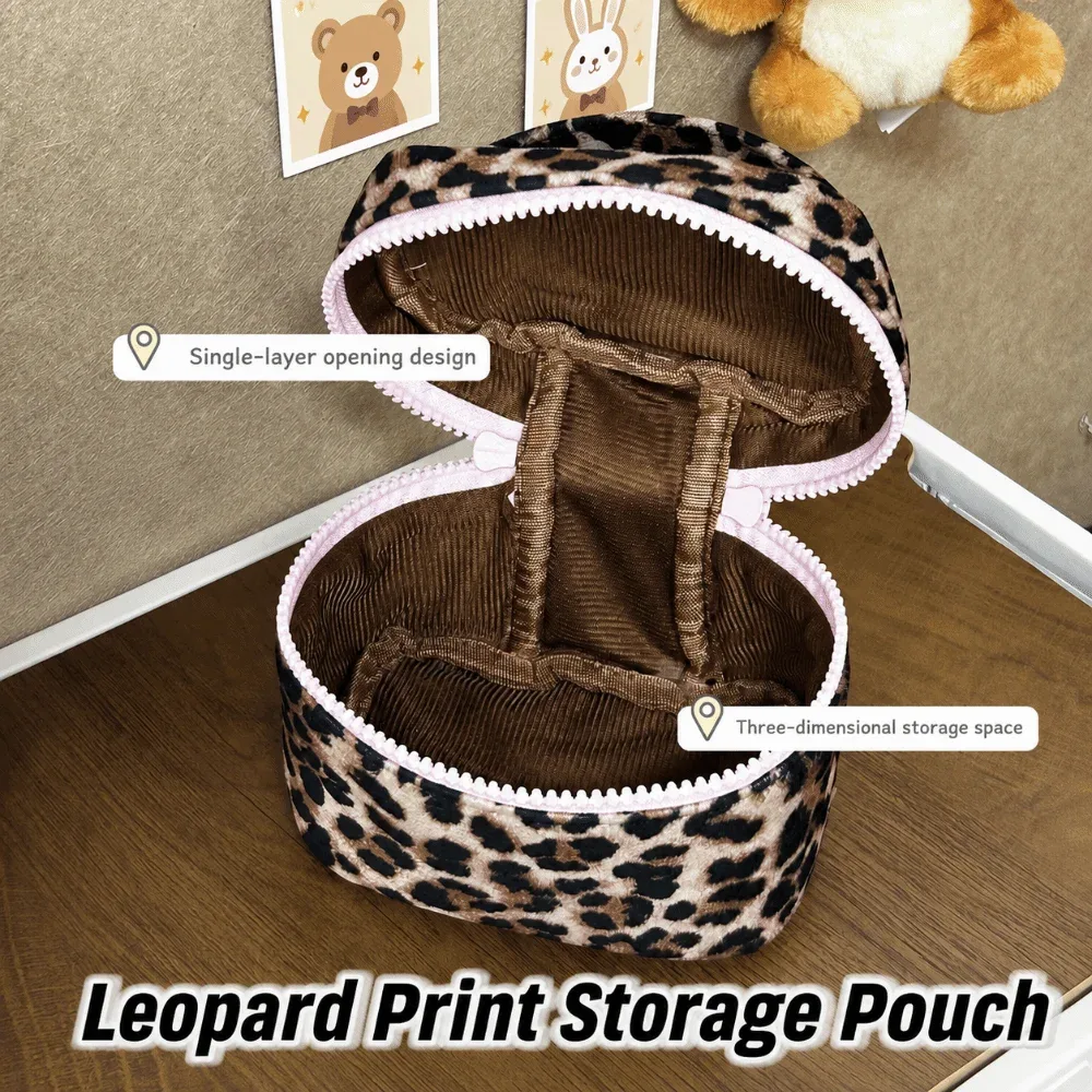 trousse polyester léopard beige imprimé animaux velours marron fermeture glissière rose poignée transport voyage
