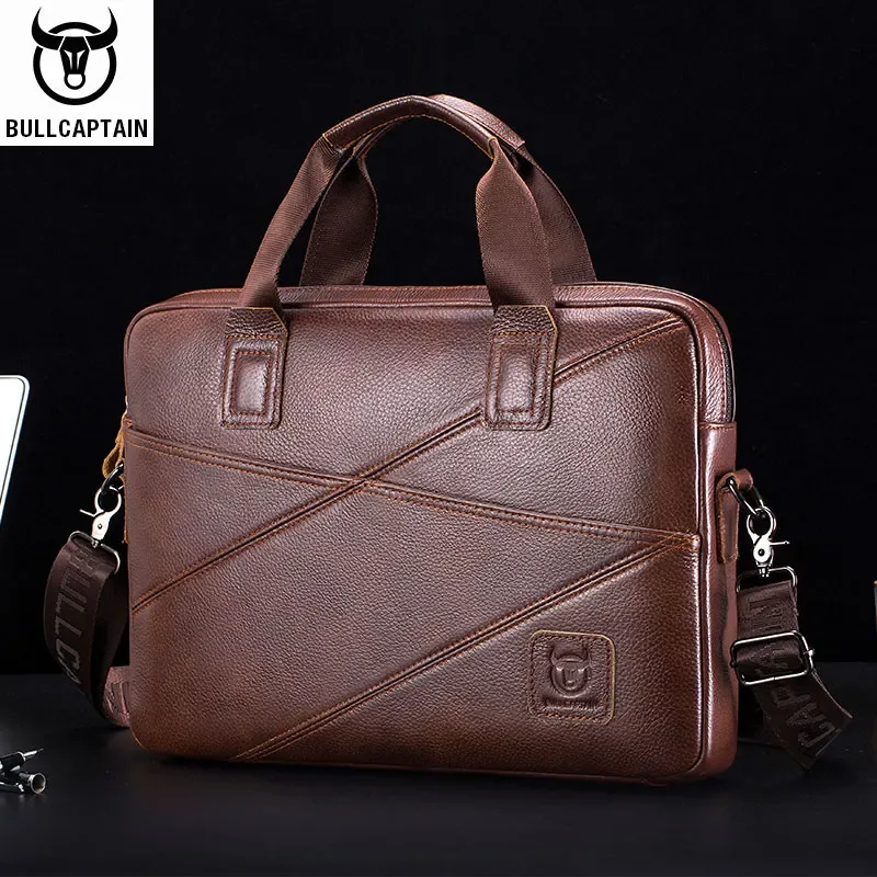 porte documents cuir véritable cuir vache marron géométrique fermeture éclair porte ordinateur voyage affaires hommes podsingle bandoulière amovible poches interieures