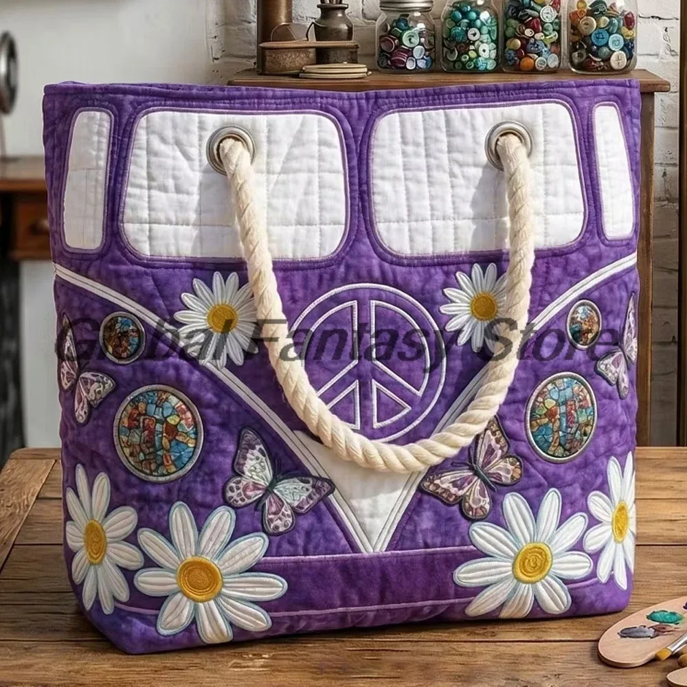 sac de plage matelassé style hippie vintage, sac à bandoulière bohème avec imprimé floral et signe de la paix, sac à main quotidien pour hommes et femmes, sac de shopping