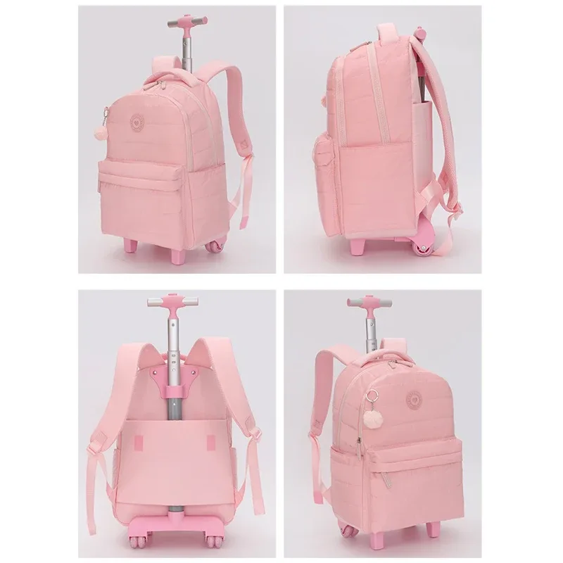 sac dos polyester rose compartiment principal roues intégrées poches latérales sacs école filles voyage
