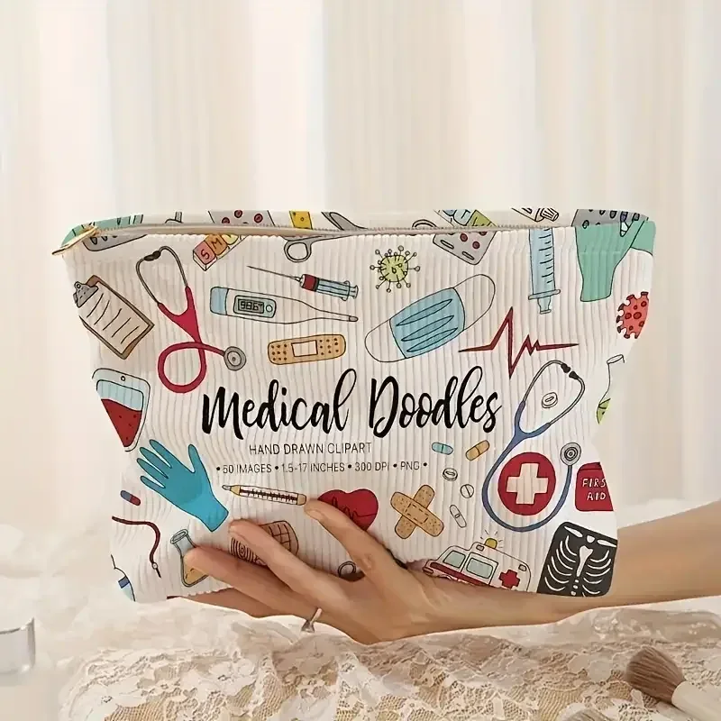 trousse de toilette en velours côtelé sur le thème médical, sac de rangement portable pour les professionnels de la santé, cadeau pour la journée des infirmières