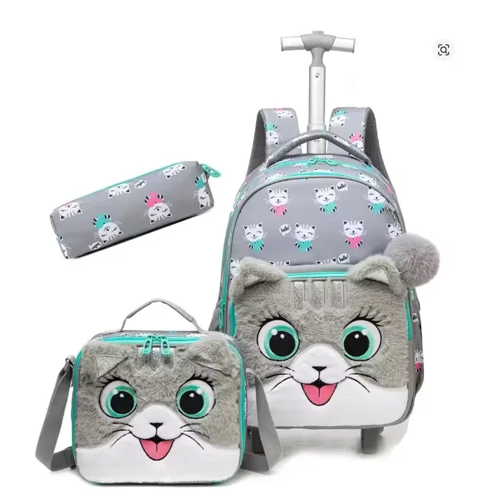 sac à dos scolaire à roulettes, ensemble de 3 pièces, sac à déjeuner, sac à stylos, sac à dos d'école à roulettes pour filles, ensemble de sacs à roulettes avec sac à déjeuner