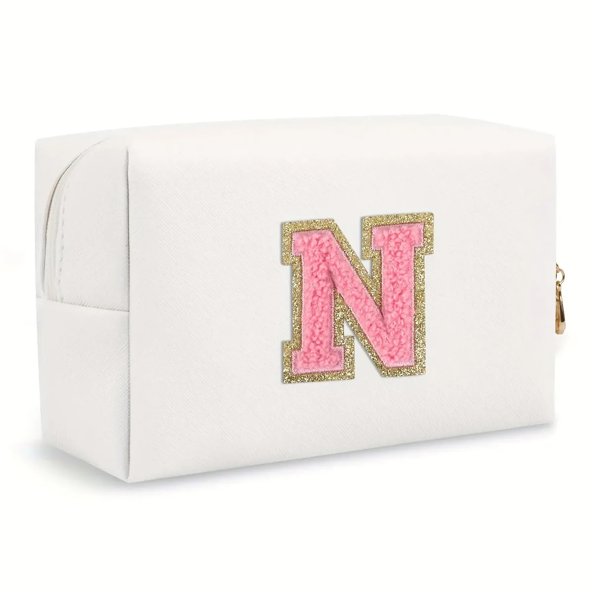 trousse de maquillage preppy pour femmes, trousse de toilette de voyage, sac à cosmétiques avec lettres en chenille, pochette étanche en cuir pu, joli organisateur à fermeture éclair-ll