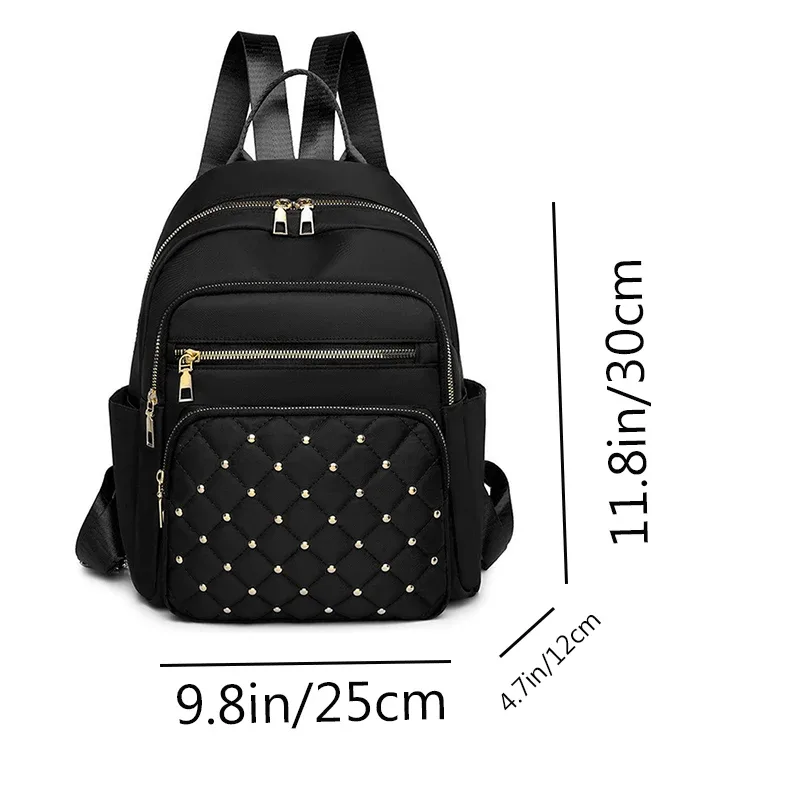 sac à dos brodé à carreaux de diamant, avec rivets, sac de voyage tendance pour femmes, sac à dos décontracté et polyvalent pour femmes