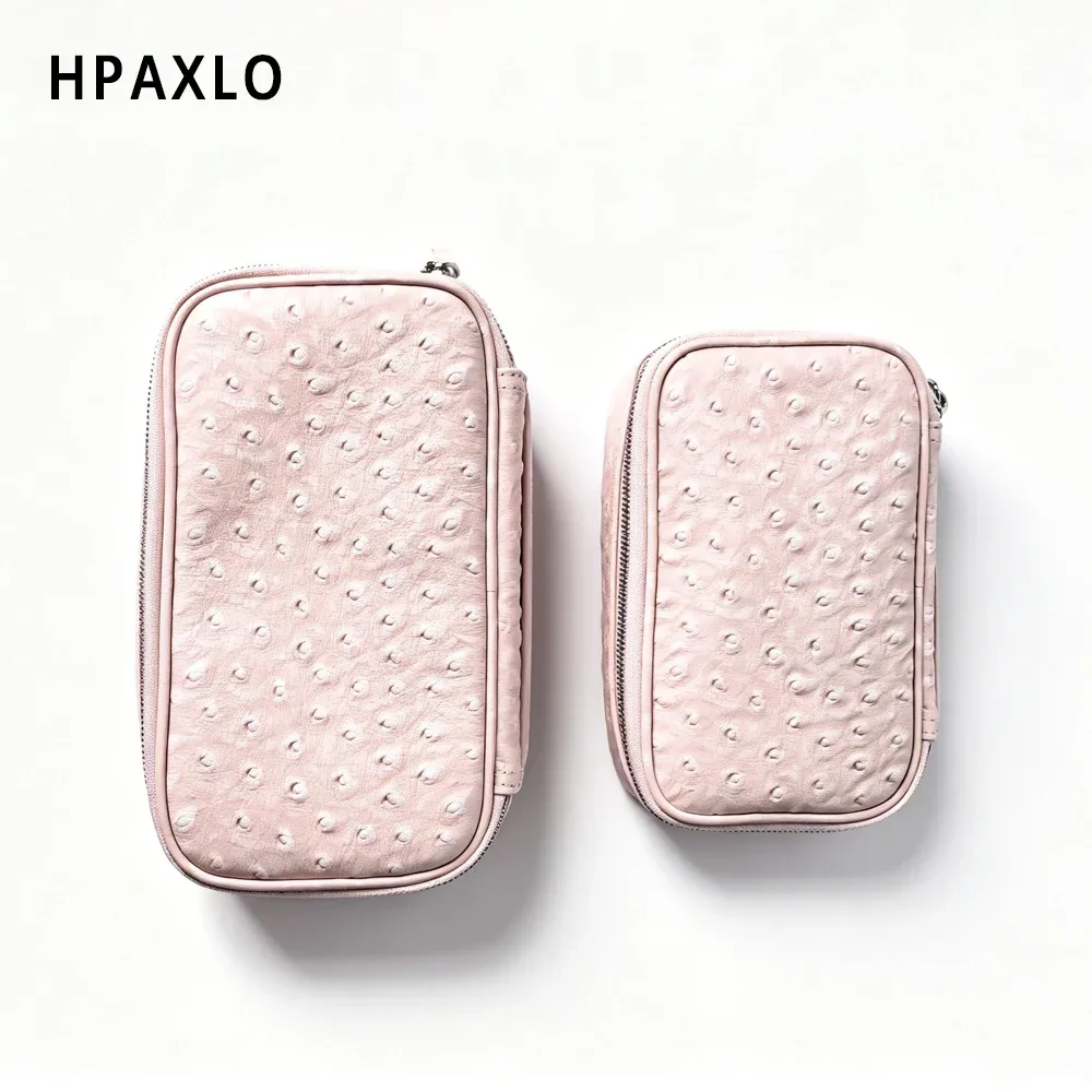 nouvelle trousse de maquillage en cuir d'autruche, organisateur de cosmétiques portable de voyage, rose neige, pour femmes, sac à main, trousse de toilette, pochette à cosmétiques