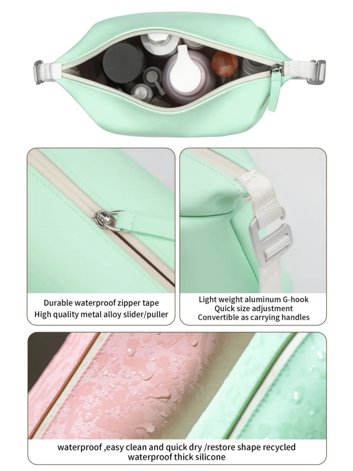 un sac de toilette et de maquillage de voyage en silicone, élégant, simple, uni et de haute qualité pour femmes, avec un crochet en métal, léger et facile à transporter, doté d'une texture lisse et de propriétés anti-froissement, un sac de bain multifonctionnel, idéal pour les voyages, les déplacements professionnels, les dortoirs étudiants, les cadeaux de saint-valentin pour petites amies, amies et personnes âgées, un article indispensable, un sac de maquillage pour femmes, un organisateur de salle de bain élégant, peut servir à ranger et organiser le maquillage, les produits de soins de la peau, les articles de toilette et les nécessités quotidiennes.
