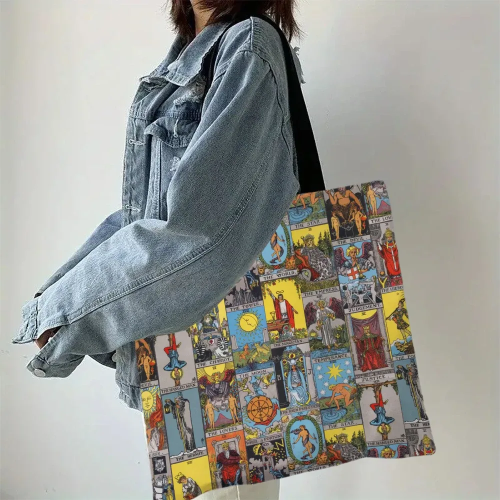 sac fourre-tout imprimé l'arcanes majeurs du tarot, sac à main de shopping pour filles, sac de shopping à bandoulière décontracté, fourre-tout de plage en plein air