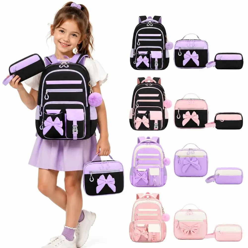 Ensemble de 3 sacs à dos, sac à lunch et trousse à crayons en tissu Oxford, grande capacité, nœud papillon, imperméable et léger