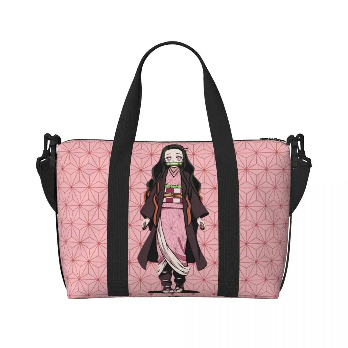 sac fourre-tout de plage personnalisé demons slayers anime manga pour femmes, tanjiro kamado nezuko, grand compartiment, sacs de voyage de plage de gym