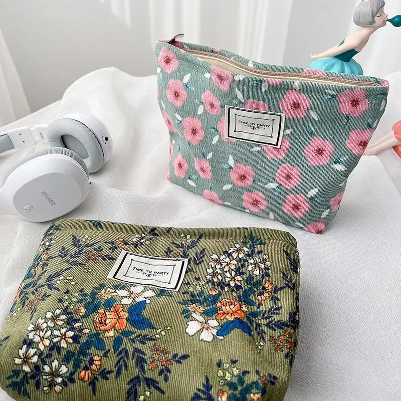 trousse de maquillage en velours côtelé pour femme, trousse cosmétique à imprimé floral rétro, étuis de rangement de beauté, poudres de maquillage de voyage