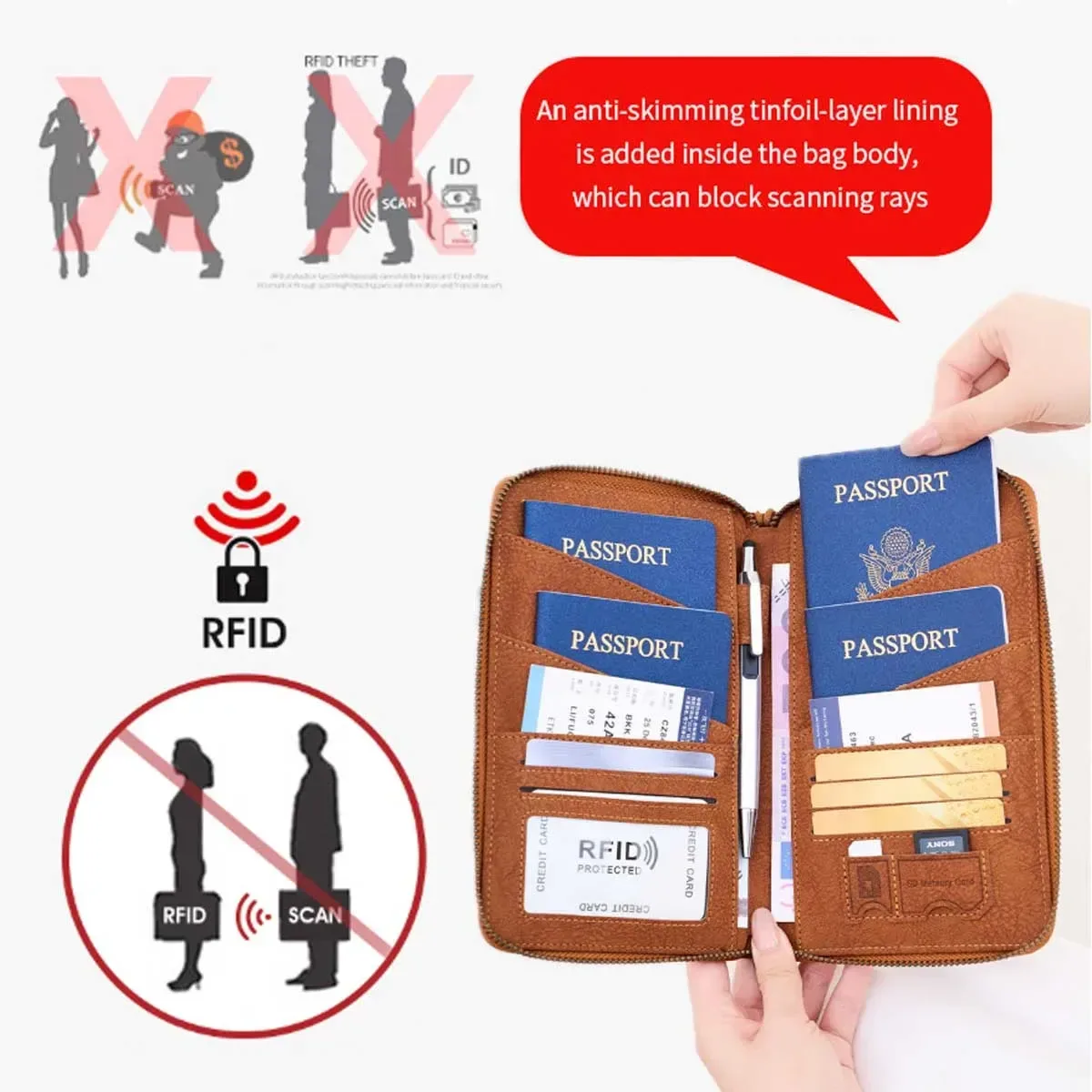 sac de passeport multifonctionnel bloquant rfid, porte-documents de voyage avec portefeuille de rangement de billets à longue fermeture éclair pour plusieurs passeports