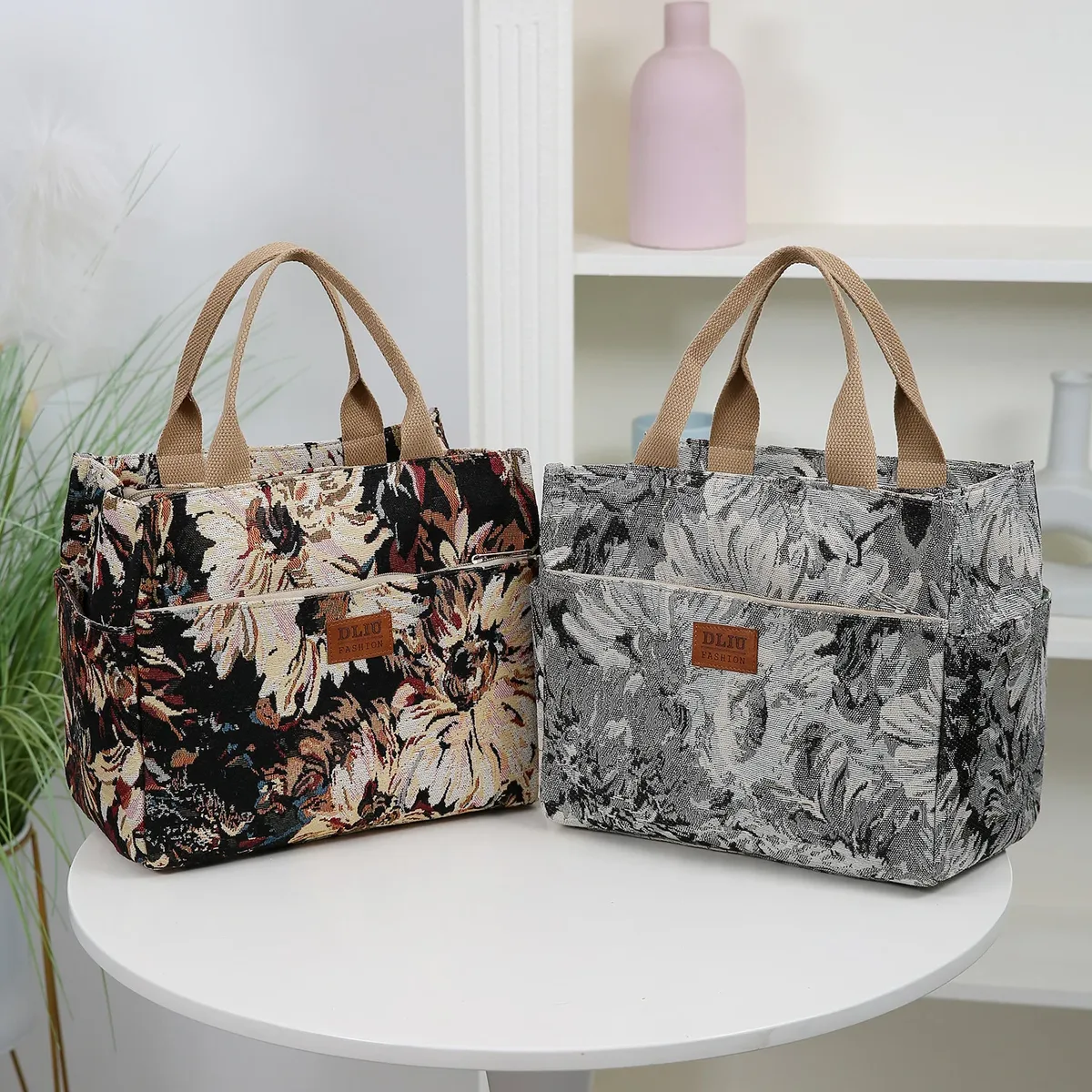 Nouveau sac à main en tissu épais de grande capacité, sac fourre-tout, sac de shopping, sac polyvalent, sac à lunch, sac bento, motif floral