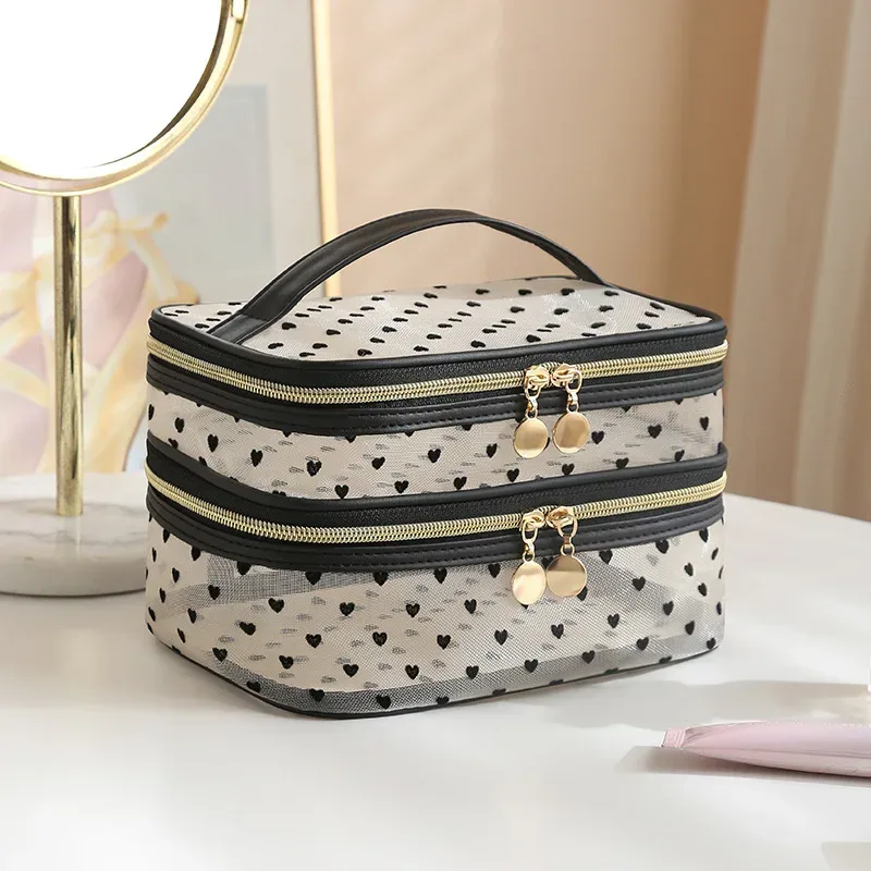 sac à cosmétiques en maille noire double couche, trousse de maquillage portable de grande capacité, pochette de rangement, trousse de toilette à fermeture éclair