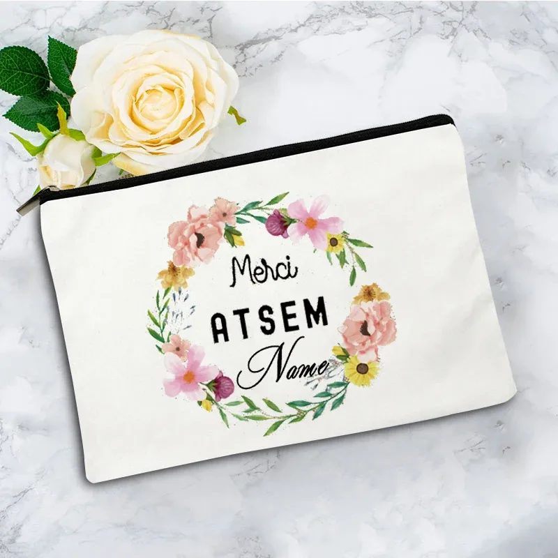 pochette zippée à motif floral pour femme, sac de voyage, organisateur en toile, trousse de maquillage, cadeau pour enseignant avec nom personnalisé lady f