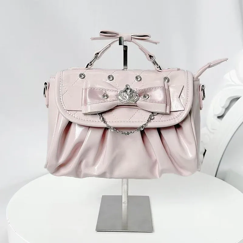sac sous le bras élégant rose avec nœud et strass, sac à bandoulière plissé style sweet lolita, sac à main portable avec poignée nœud, jolie pochette ita