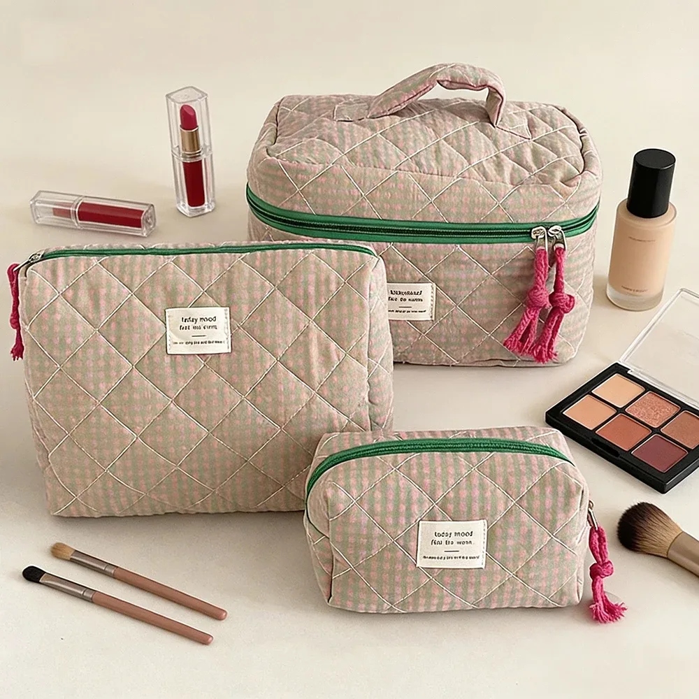 trousse polyester décontractée plaid violet rose orange bleu beige noir géométrique voyage cosmétique toile douce