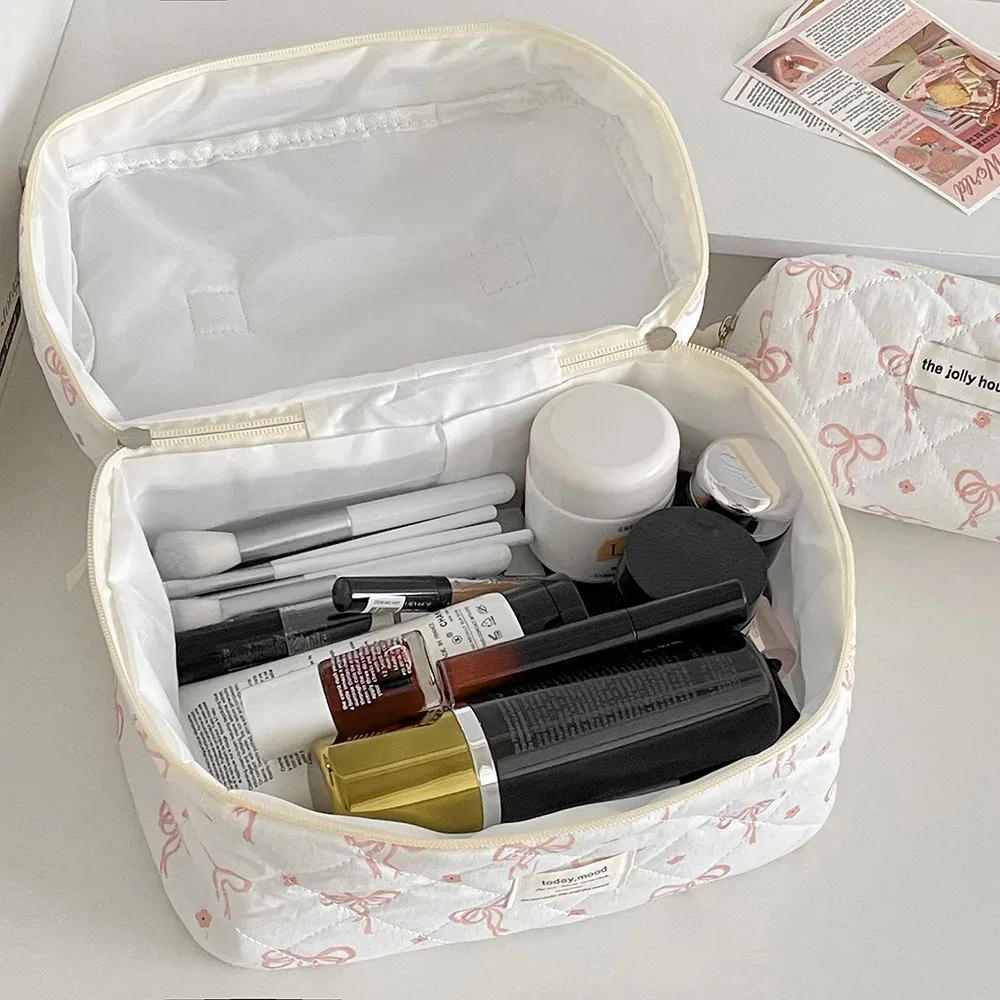 sac de maquillage matelassé avec nœud papillon pour femmes, fourre-tout portable, pochette de rangement de cosmétiques et de toilette, sac à main à fleurs avec fermeture éclair, vente en gros