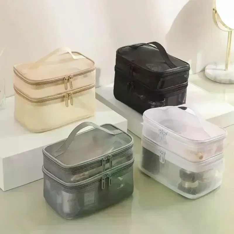 sac de voyage transparent en maille pour maquillage | organisateur de cosmétiques à grande capacité à une seule couche | pochette de rangement respirante pour produits de soin et articles de toilette