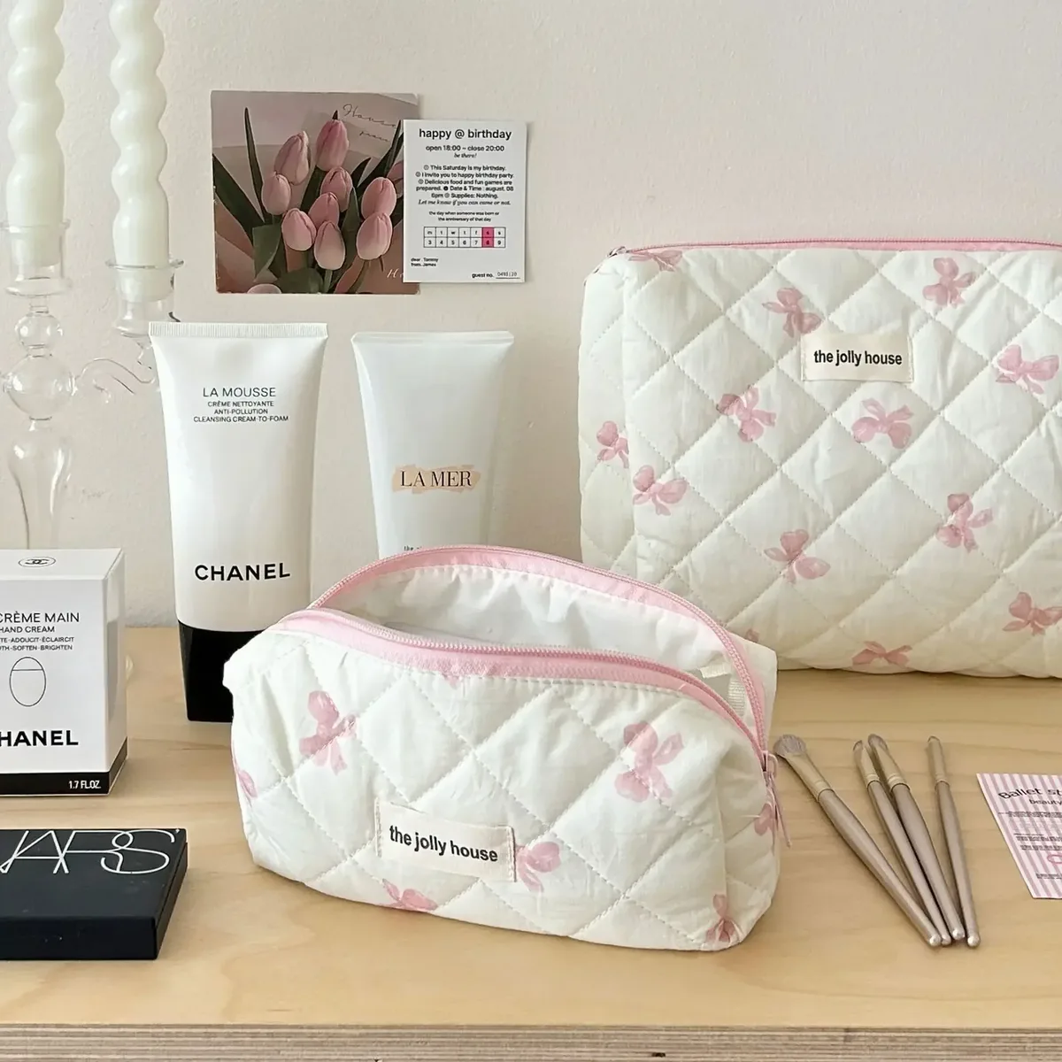 sac de maquillage coréen imprimé nœud pour femmes, trousse à cosmétiques portable de grande capacité pour articles de toilette de voyage, sac de rangement de cosmétiques