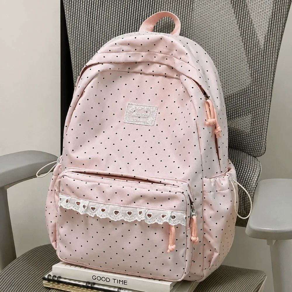 sac à dos de voyage à pois tendance, grande capacité, en nylon, pour étudiants, multi-poches avec dentelle, sac à dos pour ordinateur portable