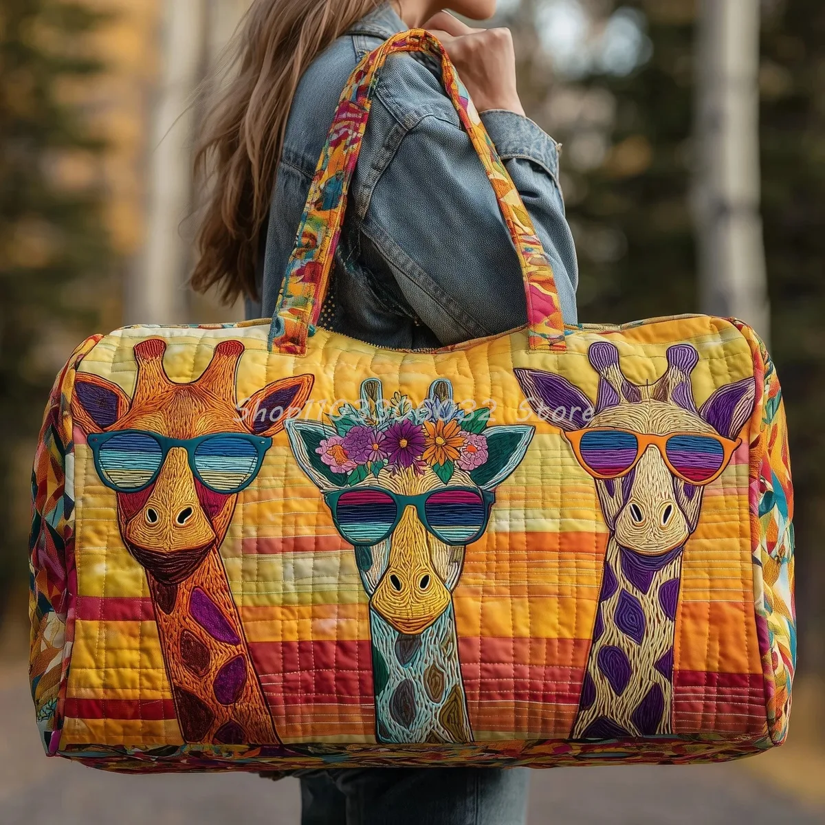  sac de voyage matelassé à imprimé girafe de dessin animé pour femmes et hommes, sac fourre-tout de week-end pour l'extérieur 