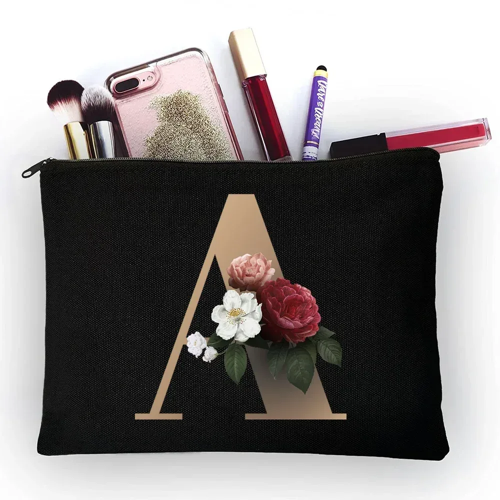 trousse de maquillage pour filles, sac de rangement classique à motif de lettres dorées, pochettes pour sacs de voyage, pochette à cosmétiques pour femmes