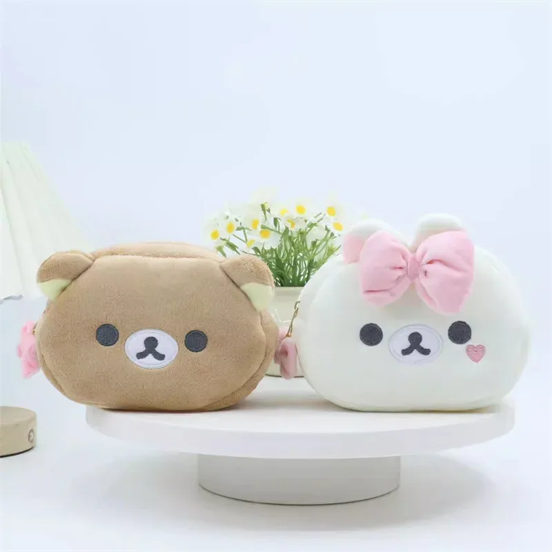 rilakkuma korilakkuma bow sac de maquillage en peluche avec miroir organisateur de rangement anime ours kawaii mignon voyage sac cosmétique pochette