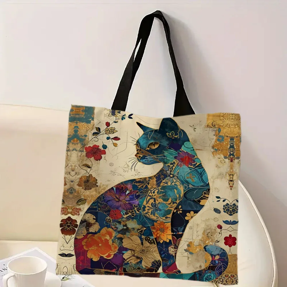 sac à main design floral chat, fourre-tout décoratif à motif rétro, sac à bandoulière à usage quotidien et décontracté, sac de courses pratique de grande capacité