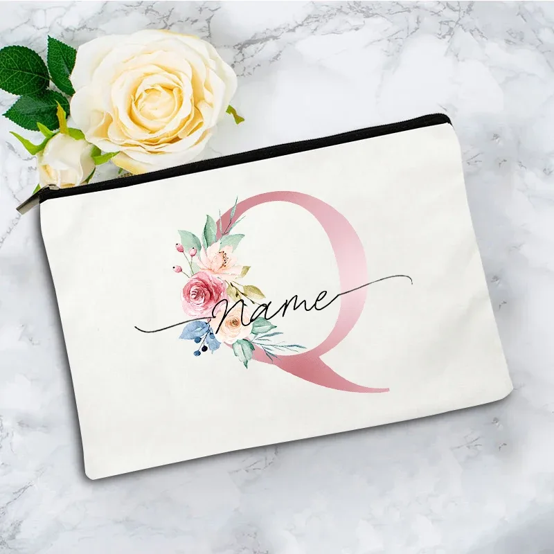 trousse de maquillage personnalisée rose à motifs floraux avec initiale, pochette cosmétique en toile personnalisée, organisateur de voyage pour articles de toilette pour femmes